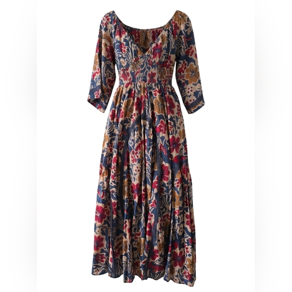 ✨️Free People Printed Maxi Dress Floral Smocked Boho XS Oversized Resort Wear - Picture 15 of 15
